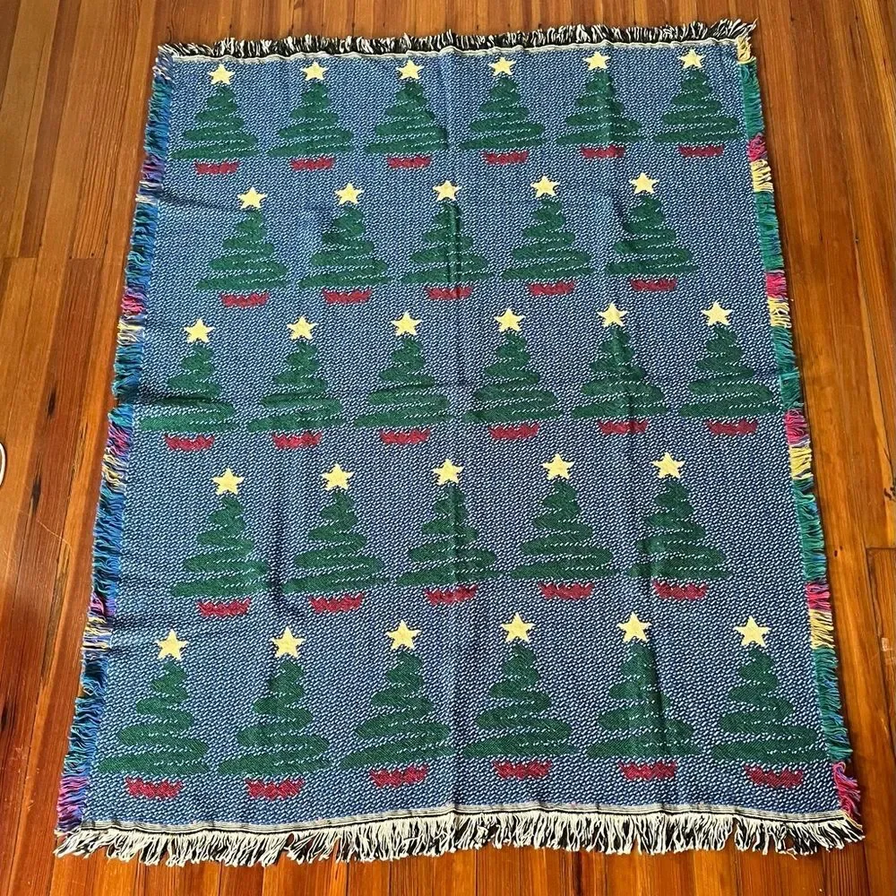 Vintage Christmas Tree Throw Afghan Tapestry Wall Hanging Holiday 65 In X 48 In